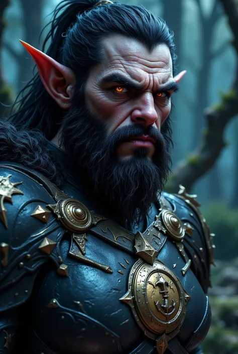 This image is a highly detailed CGI rendering of a fantasy creature, likely an orc or a similar humanoid species, set against a blurred, out-of-focus background that suggests a dimly lit, possibly forested environment. The creature's face is prominently fe...