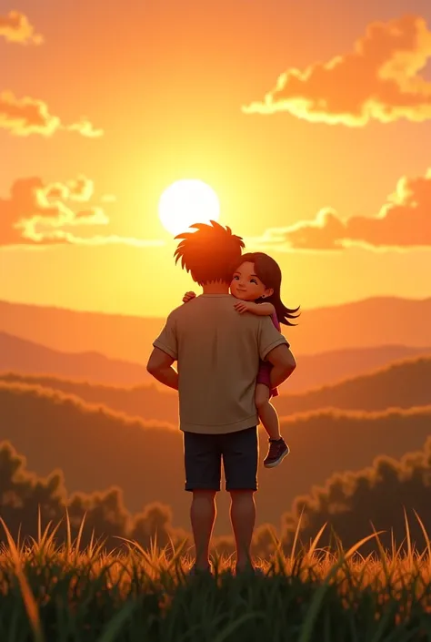  A young man carrying his younger sister in his arms, watching the sunset on a hill  