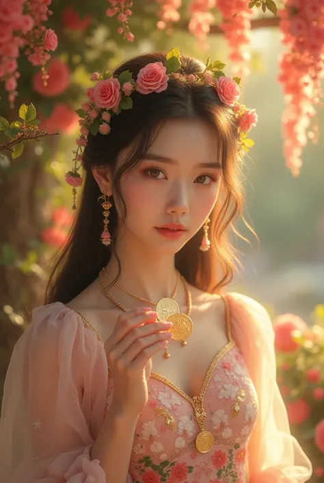 Fantastic beauty 、 high resolution、16k、Fantasy fairytale reality 、Candy Country、Young K-pop idol's sexy long haired beautiful girl、Nine large gold coins hang like fruit under the tree in the rose garden、Are you having tea time in style