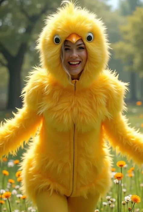 A woman wears a chick suit