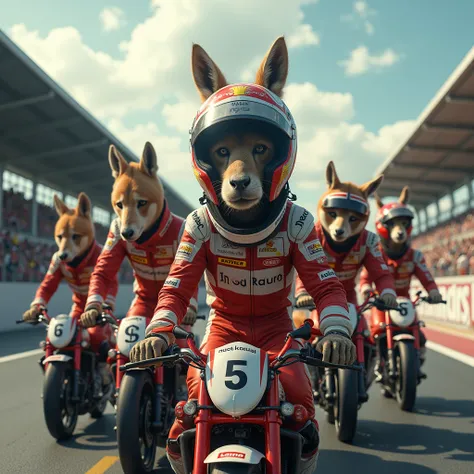 Please add detailed character descriptions, dramatic passion, and a comical touch to emphasize bravery in a world where animals with human-like postures race in ultra-realistic, photorealistic, dramatic scenes, global illumination, and human-like animals. ...