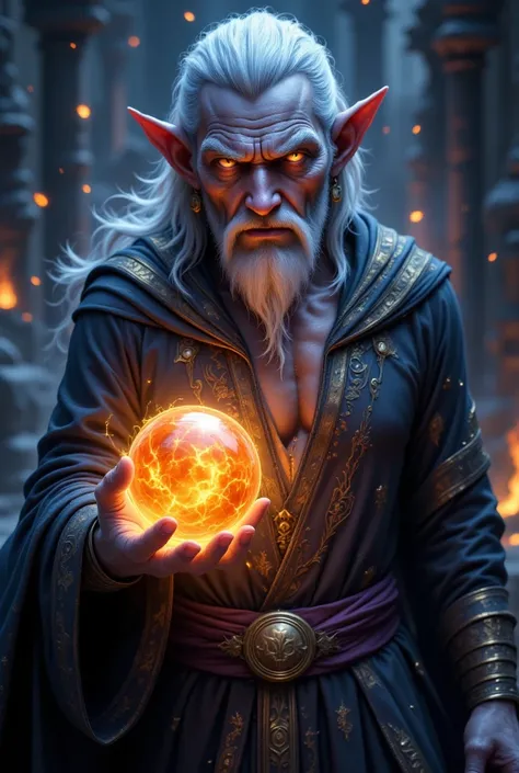 This is a highly detailed CGI image of a fantastical, ancient wizard. The wizard has a wrinkled, pale blue face with deep, dark lines, giving him an aged and wise appearance. His long, white beard and mustache frame his face, adding to his mystical aura. H...