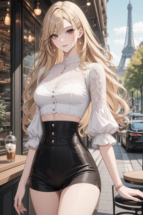  a top influencer woman, top quality, ultra-detailed, sweet and sophisticated, classic style, fair skin, long curly blonde hair in hair clip, white lace crop top with puff sleeves, white high waist button up shorts, Paris cafe background