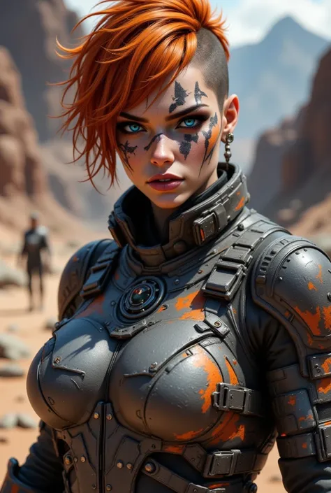 This is a highly detailed CGI rendering of a futuristic, rugged warrior with a fierce, determined expression. The character has striking orange hair, styled in a messy, unkempt manner, with a single, dark eye patch covering the left eye. Their skin is heav...