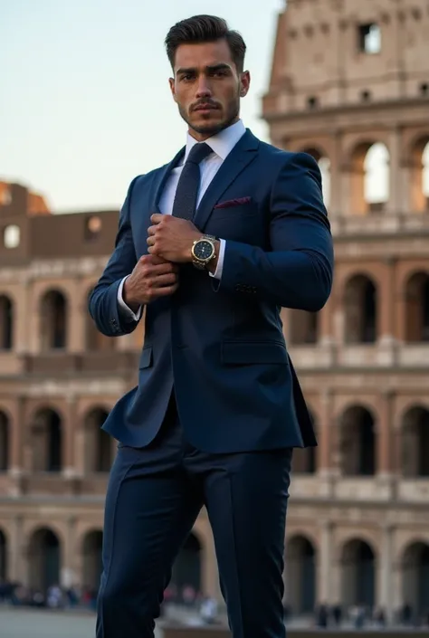 An imposing young man wearing a fitted navy blue suit, with the Colosseum in the background. He wears a luxurious watch and refined leather shoes, conveying the essence of success.