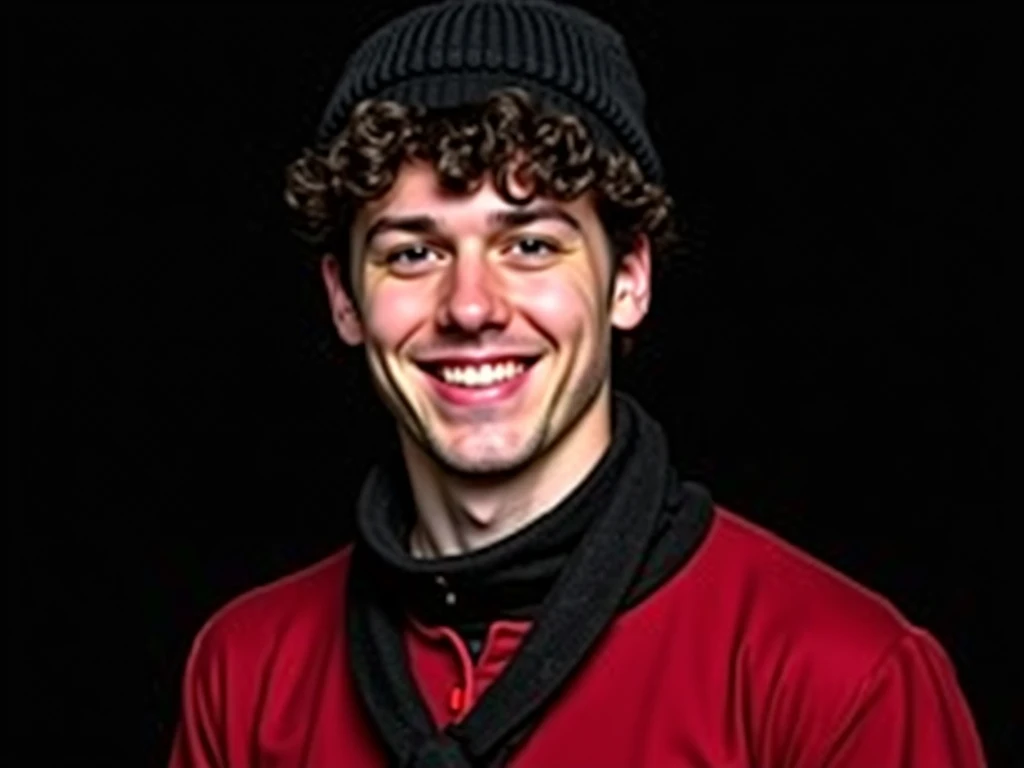 a fine young white European wearing a black crochet beanie. he is wearing a red medieval shirt. he has short curly black hair. behind him is black background. he has a black scarf around his neck. he is at the camera. he has fat looking cheeks. he is smili...