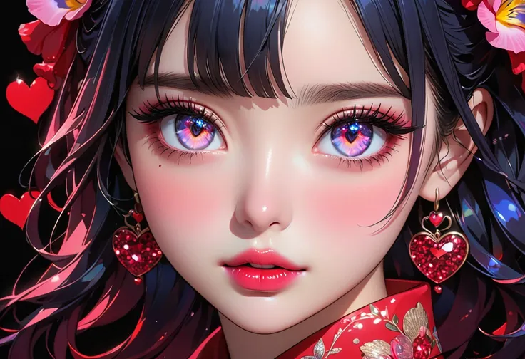 Girl with long shiny dark blue hair and bright dark pink eyes in pitch black background with red hearts and pink sparkles, upper body, wearing a long shiny red shirt, ,anime eyes, douyin eyes, detailed eyes, high detail eyes, multicolored iris, detailed ir...