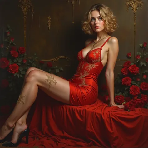  creates a photograph of an erotic and sensual nude .  Imagine a artistic scene where a very beautiful model is portrayed in an al painting Oil . The model has an intense and seductive look, with short wavy blonde hair  . Her skin appears soft and radiant,...