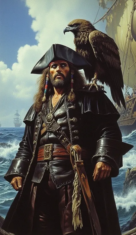 a pirate with a eagle on his shoulder