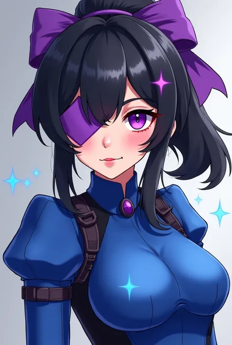  gamer style Free Fire .   of black hair with a ponytail and a purple ribbon tying the hair,  with a purple stripe covering the eyes ,  and blue chest with sleeves and high collar, with some blue sparkles 