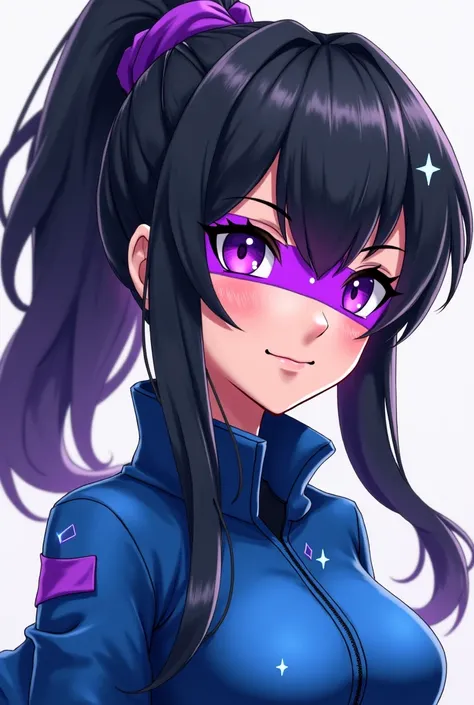 gamer style Free Fire .   of black hair with a ponytail and a purple ribbon tying the hair,  with a purple stripe covering the eyes ,  and blue chest with sleeves and high collar, with some blue sparkles 