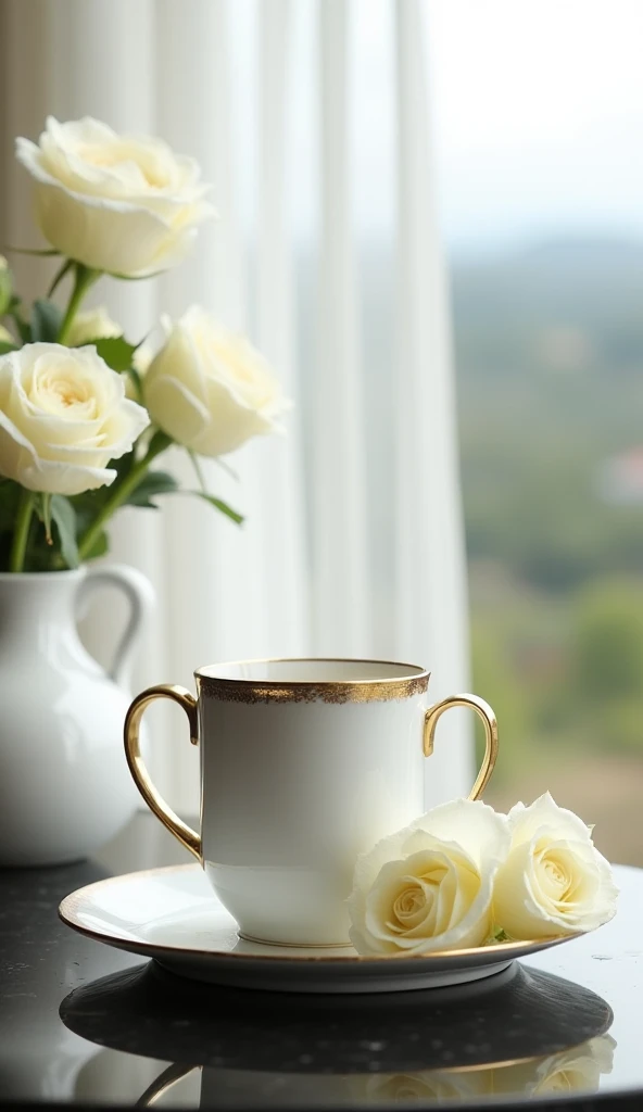 
 
   

 White Porcelain Mug with Gold Details **:  The mug is the center of the composition ,  with its elegant and unique design ,  standing out for the combination of white and gold ,  that transmits luxury and delicacy .
 The roses ,  at different stag...