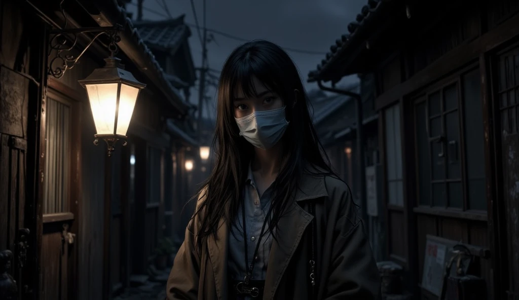 a beautiful Japanese woman standing under a lantern looking at the spectator, she was wearing a long coat and a  ( surgical mask that covered half of his face)  Her hair was black and long ,  in an alley in a Japanese town in the 1970s, The atmosphere was ...