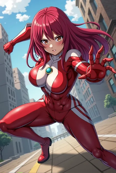 My Hero Academia Style , Anime girl, female, young female,muscular female,Full Body Shot,(fighting Pose:1.3),Long hair, Red Hair,  Brown Eyes,Hero Suit, Full Body Suit, red suit with white details,small round blue jewel in the center of the chest, perfect ...