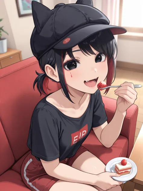 ( maximum resolution,  Very detailed,  of the best quality,precise,  Masterpieces,Solo , single shots ),(1 woman, black hair, short hair , Ponytail, bangs to the sides , Highlights Bright Red Hair ,Black eyes,Black Ear Cap , black shirt, red shorts,cheerfu...