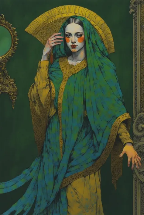 surrealistic beautiful woman charge style, full body, crazy smile and huge eyes, big head, veil, baroque, vulture mixed, room, steampunk, cinematics lights and shadows and colors, dark green, dark blue and blue marine, dark yellow, skin tone, high contrast...