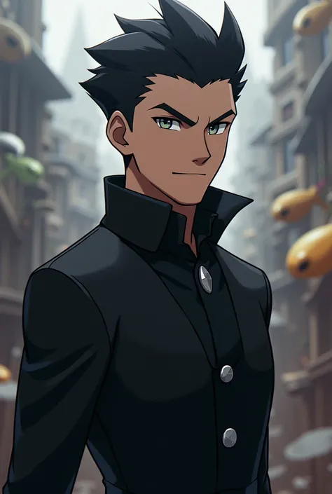 Male Pokémon Trainer with black hair and elegant hairstyle ,black clothes with a serious face  