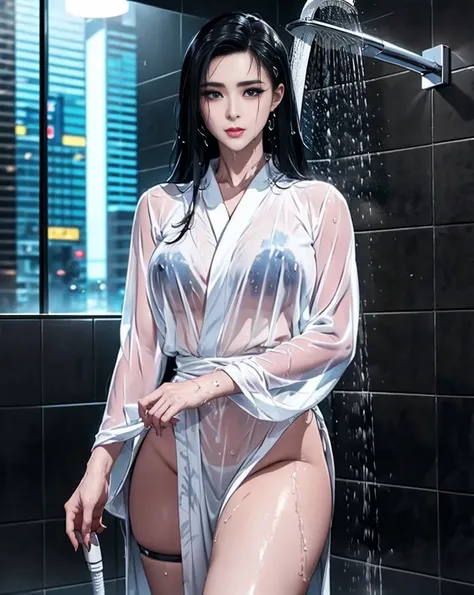 (Masterpiece:1.4), (Best quality:1.5), 8K UHD, (Ultra detailed:1.6), Professional color grading,(((divine beauty))), translucent yukata (wet cling:1.35), mirror composition (body + reflection:1.4), steam haze (water droplets on lashes:1.1), modern bathroom...