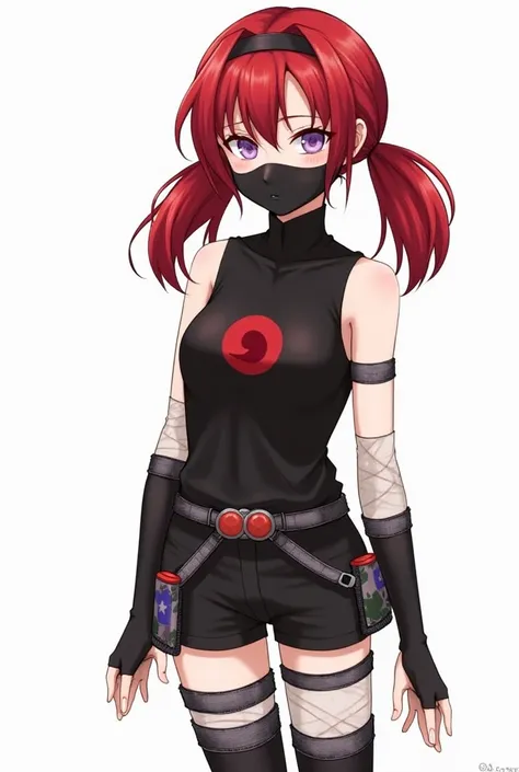 girl with long crimson hair in two low pigtails, fair skin, and periwinkle purple eyes. she has a black mask on her face that stops just under her eyes. she wears a black sleeveless shirt with a red swirl at the center of her chest, black shorts that stop ...