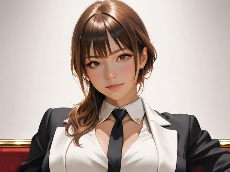 VOLUCTUOUS woman, with CHOCOLATE BROWN hair down to BELOW SHOULDER, CASINO DEALER, IN BLUE AND BLACK SUIT, BRATZ DOLL STYLE, REALISTIC ANIME, leaning on all-white table, DIGITAL ART ON WHITE BACKGROUND