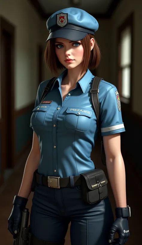 Create an ultra-realistic portrait of Jill Valentine from Resident Evil 1, showcasing her iconic look. She wears her classic S.T.A.R.S. uniform: a light blue tactical shirt with short sleeves, a matching beret with the S.T.A.R.S. emblem, and dark utility p...