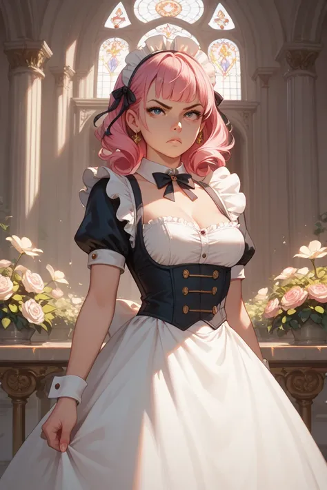 A pink-haired young woman with big, determined eyes, wearing a neat maid's uniform, stands at the grand gates of a mansion surrounded by blooming gardens. The gates are ornate and golden, with sunlight creating a magical glow.