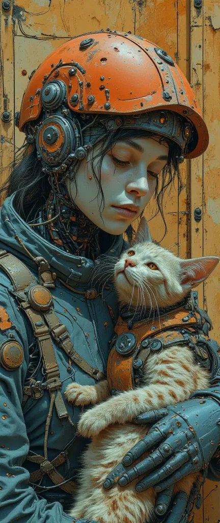 8k, a masterpiece, the highest quality. Artificial Intelligence Platform: Create a realistic picture ((of a beautiful 60-year-old elderly cyborg woman)) lovingly holding (an orange fluffy old cat). The cat looks at the woman devotedly. A humanoid woman. A ...