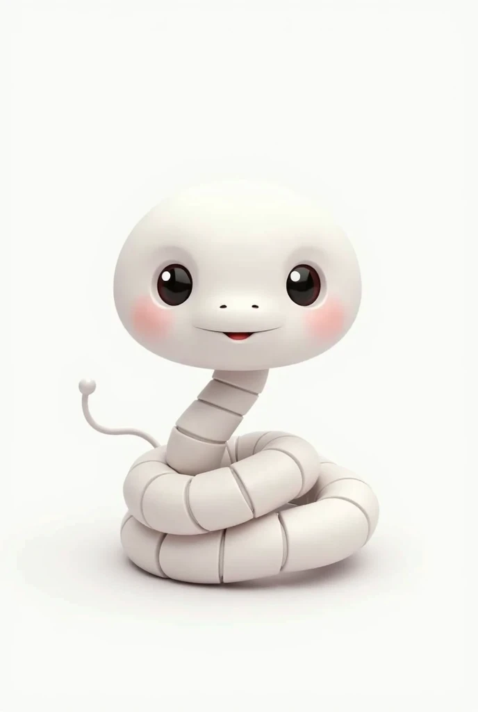 Cute robot white snake, smiling, coiled on its own body. Flat, graphic vector style. White background. 