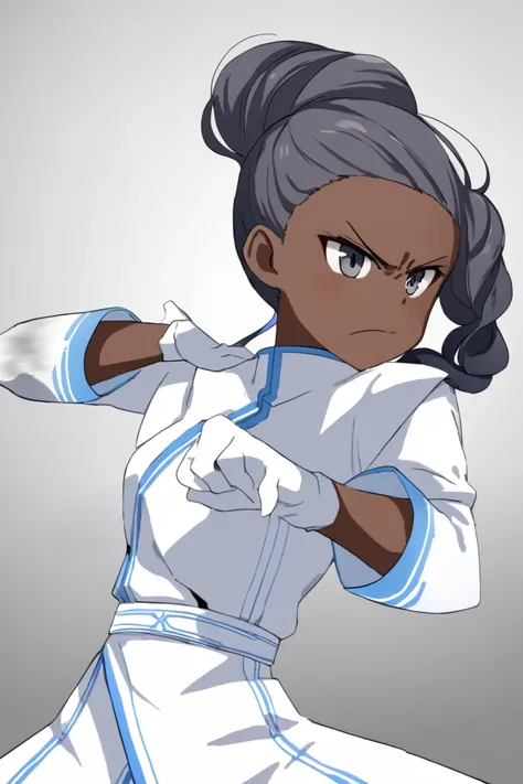 A black girl, an African, having a long wavy haircuts,wearing a white blue decent outfit with gloves, not smiling and gets in a fighting stance 