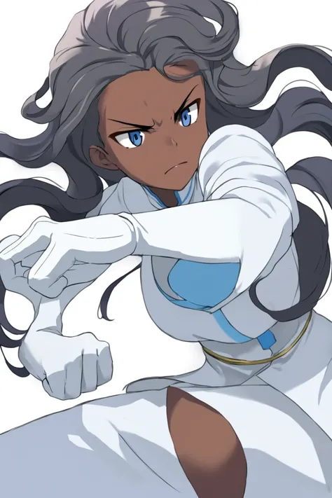 A black girl, an African, having a long wavy haircuts,wearing a white blue decent outfit with gloves, not smiling and gets in a fighting stance 