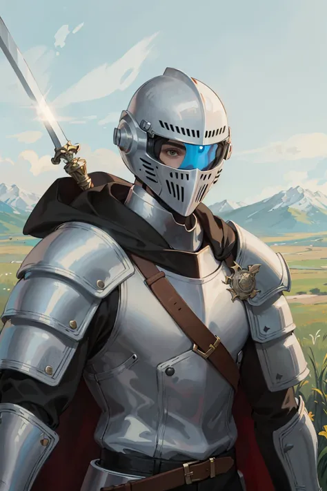 (Very High Resolution,  high resolution during boxing,  portrait detailed), 1 male,  alone,  sheet metal armor,  wearing a helmet,  cover the face with a helmet,  Medieval Knight,  Grey Cloak, With a sword, Grassland background