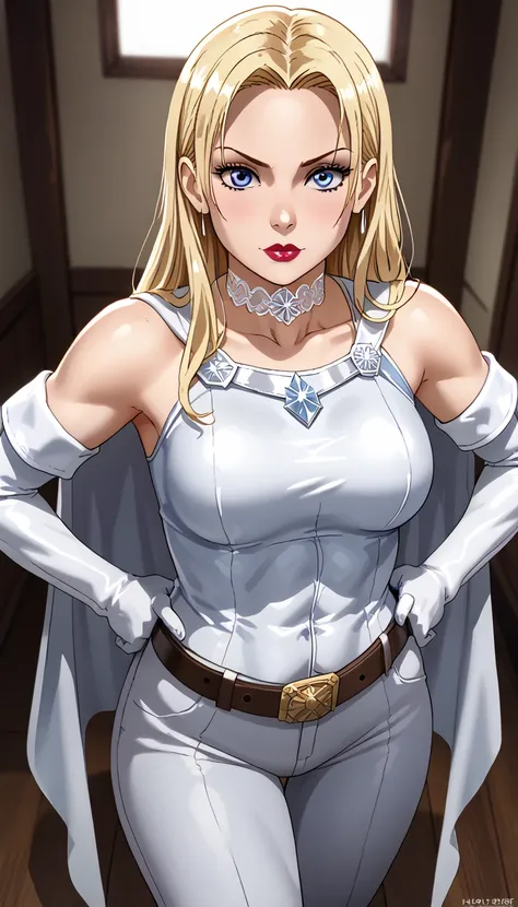 source_cartoon, score_9, emma frost,   long hair,  blond hair,  blue eyes,  alone,  raised eyebrow , flirting, (( Looking at the viewer)), lipstick,  make above,  choker ,  bare shoulders , Waist, cape,  elbow gloves, belt, pants, jump,  medium breasts, fa...