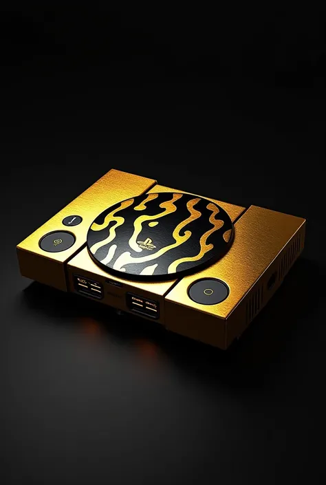 Aquí tienes un prompt detallado para que lo uses en DALL-E:

Prompt:
"A custom-designed PlayStation 1 console with a bold and artistic design. The console is painted with a metallic gold base, featuring intricate black patterns that resemble abstract flame...