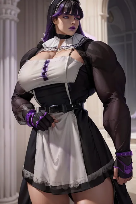 (Close-up), tall, (violet purple hair), beautiful muscular woman, long hair with bangs, white skin, closed smile, (large breast), (black lipstick), (massive muscles), (hyper muscle), ((ginormous bulky muscles)), black eyes, (((((long sleeve maid dress with...