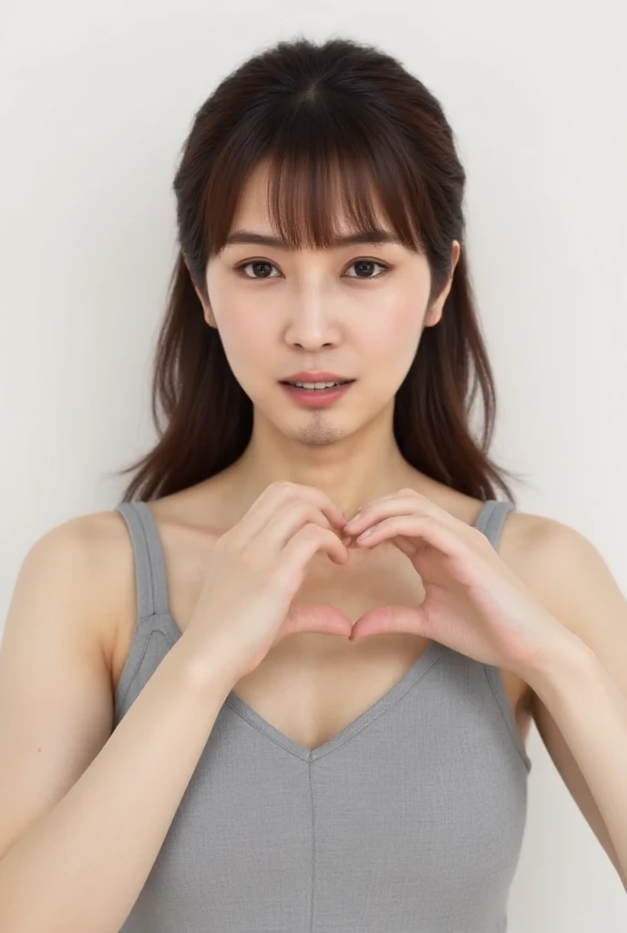  Super Fine、Picture of her face 、 and she has a smile showing her teeth,  I'm wearing a camisole ,  I'm posing with my hands crossed in the shape of a heart in front of my chest、The background is plain 、   high definition、細部にわたって  high definition