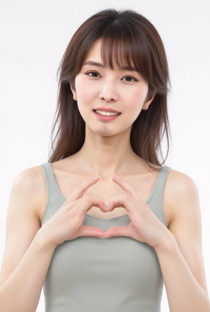  Super Fine、Picture of her face 、 and she has a smile showing her teeth,  I'm wearing a camisole ,  I'm posing with my hands crossed in the shape of a heart in front of my chest、The background is plain 、   high definition、細部にわたって  high definition