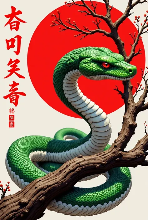 This is a highly detailed, digital artwork featuring a coiled snake. The snake, predominantly green with white and black scales, is intricately depicted with a realistic texture. Its head is turned slightly to the right, with a sharp, red eye that adds a s...