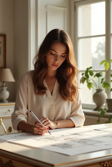 Create an image with a woman with loose brown hair dressed elegantly designing a plan of a building on an elegant desk with white and neutral colors with good lighting and during the day