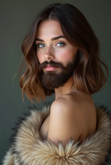 Ultra-Realistic, Precision portrait, a young american bearded woman, female face with a natural real brown beard and mustache, with brown bob medium hair, wears massive animal beige fur, long dress underneath down till luxury heel shoes, shoulders exposed,...