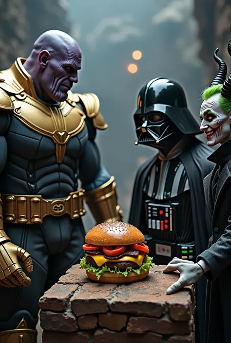 
" An epic battle scene in a setting dark and futuristic . thanos,  with his golden armor and the Gauntlet of Infinity ,  is in attack position ,  with the gaze fixed on a succulent hamburger that rests in the center of the scene.  on its side,  the threat...