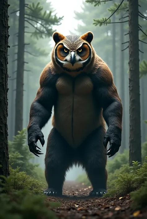 Bear with an owl's head. standing. in a pine forest.