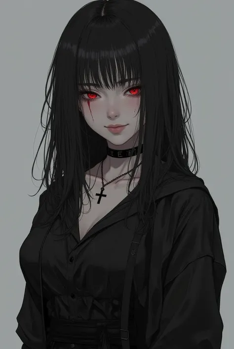  A woman with big messy black hair , She is a Japanese,She's a vampire,She wears black clothes ,She has a cross chain around her neck, As pretty as Tomie,  wallpaper, HD, gray background ,pose sexy, Full body image of her,