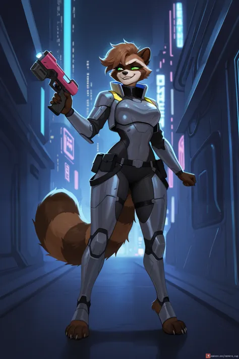 Create an image of a female raccoon character named Nixie Raccoon. She has a mischievous, adventurous personality, with sharp eyes and a smirk that suggests she's always up to something. Her fur is a mix of dark grey and black with lighter accents on her f...