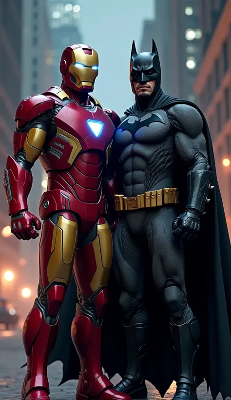 **"A realistic and highly detailed image of Iron Man and Batman together. Iron Man is wearing his signature red and gold armor with glowing blue arc reactor and illuminated eyes, while Batman is dressed in his dark, tactical suit with a flowing cape and co...