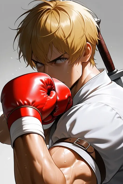 (Very High Resolution,  high resolution during boxing,  portrait detailed), 1 male,  alone, bust, angled face, Golden hair,  short hair,  gray eyes, Muscular body type,  medieval shirt , Wearing a steel armrest on the left arm, With a sword, Grassland back...