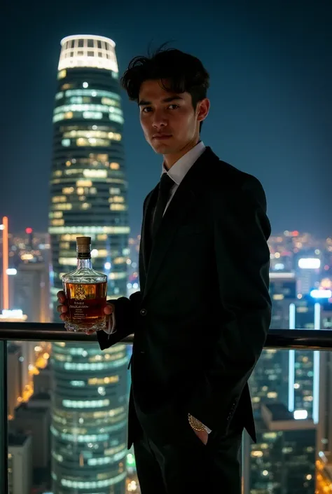 Young man dressed in a designer suit, holding a premium whiskey, standing on the rooftop of a luxurious skyscraper in Hong Kong. The illuminated city at night reflects on the building's glass, creating an imposing and sophisticated scene.