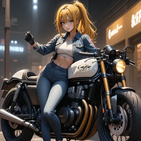 A beautiful woman poses beside the bike of a cafe racer that has been tuned up 、He is posing next to the motorbike of a tuned up cafe racer、 matte brown skin  、yellow hair、  ponytail、 denim jacket、  SHORT JEANS  、