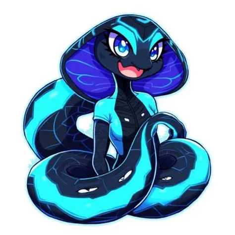 1girl, curvy figure, leather armor, snake, furry cobra, fantasy, high resolution, black skin, blue eye, neon background, neon color grading, a cartoon-style sticker featuring the image of snake on a white background and random emotion, it has vector bright...