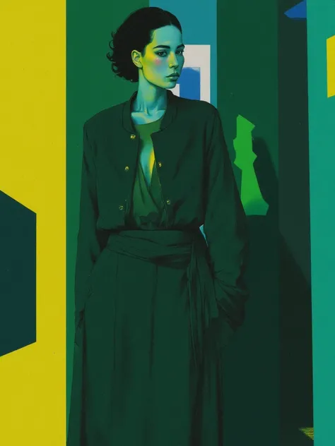 surrealistic beautiful woman charge style, full body, sci-fi, cinematics lights and shadows and colors, dark green, dark blue and blue marine, dark yellow, skin tone, high contrast, corner of industrial path, 3/4, mythpunk, design art, fashion art, abstrac...