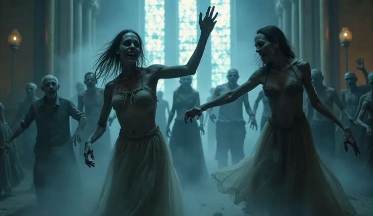 Create a highly detailed and close-up scene inside a ruined, gothic church filled with dancing zombies, both male and female. The zombies have pale, deathly skin, with some areas showing  decay, but their features are still somewhat recognizable. Their fac...